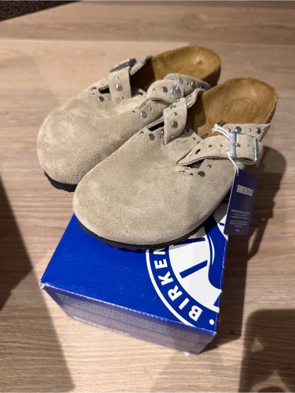 Birkenstock Suede Boston rivets Clog Slip-Ons with Buckle taupe